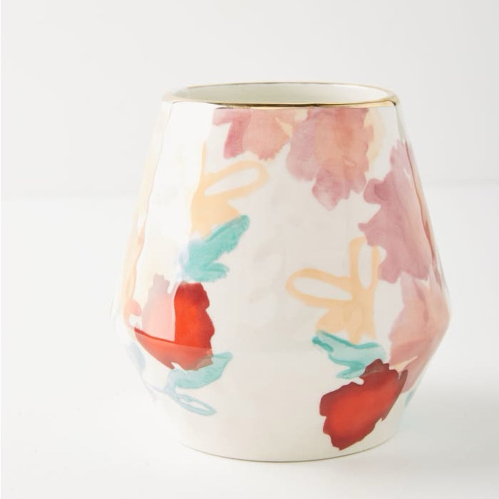Anthropologie Larue Vase Floral Watercolor Multicolor Stoneware